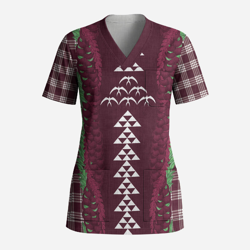 Burgundy Palaka Hawaii Iwa Bird Scrub Top Hawaiian Kakau Jade Vine Lei
