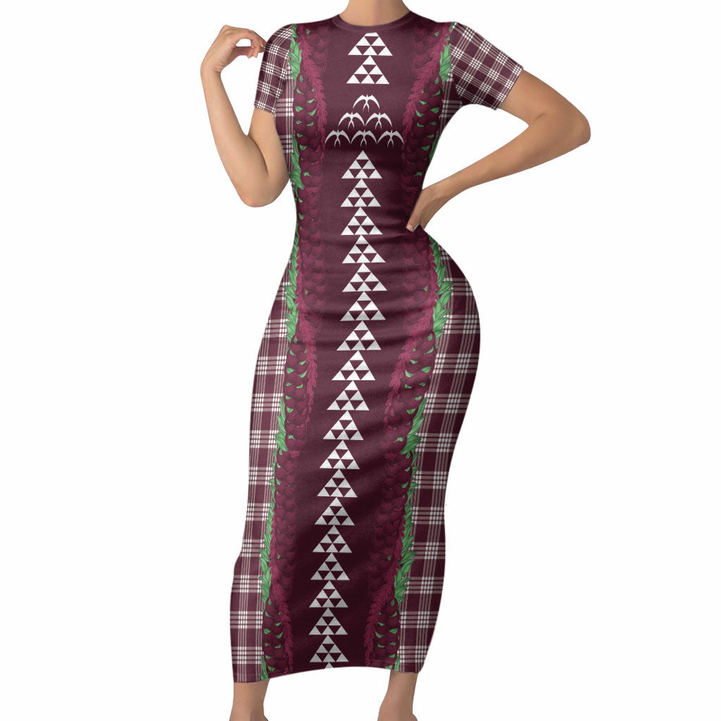Burgundy Palaka Hawaii Iwa Bird Short Sleeve Bodycon Dress Hawaiian Kakau Jade Vine Lei