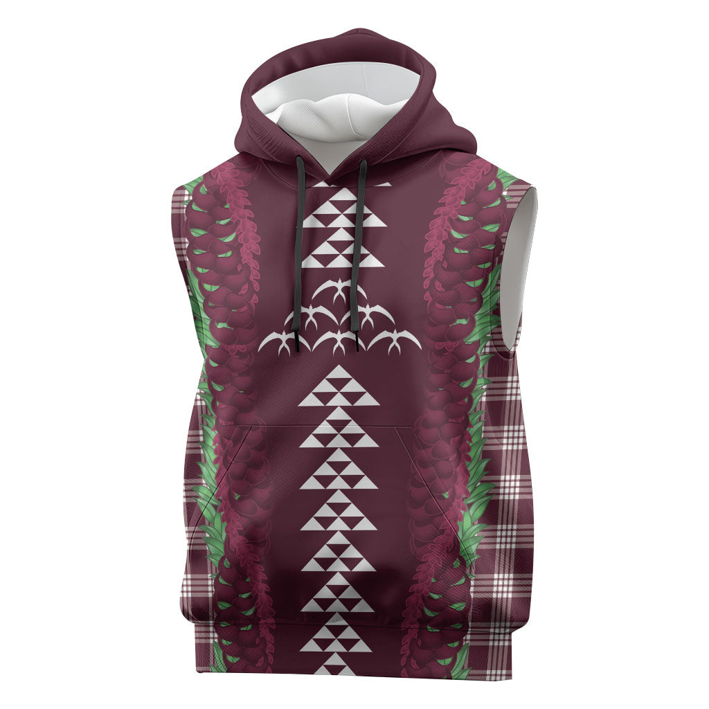 Burgundy Palaka Hawaii Iwa Bird Sleeveless Hoodie Hawaiian Kakau Jade Vine Lei