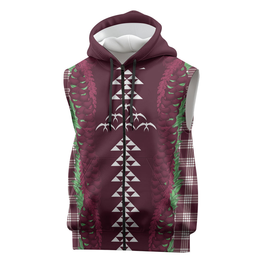 Burgundy Palaka Hawaii Iwa Bird Sleeveless Zip Hoodie Hawaiian Kakau Jade Vine Lei