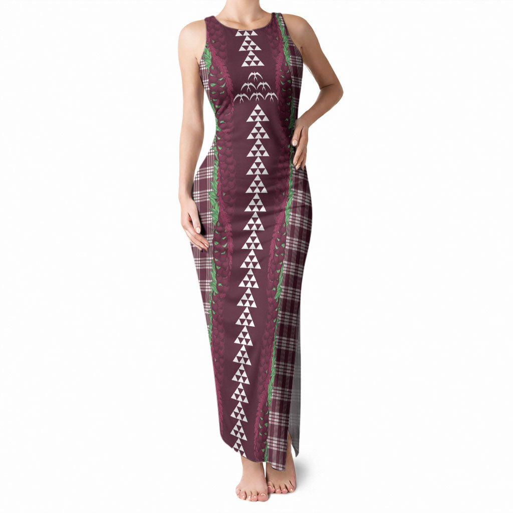 Burgundy Palaka Hawaii Iwa Bird Tank Maxi Dress Hawaiian Kakau Jade Vine Lei