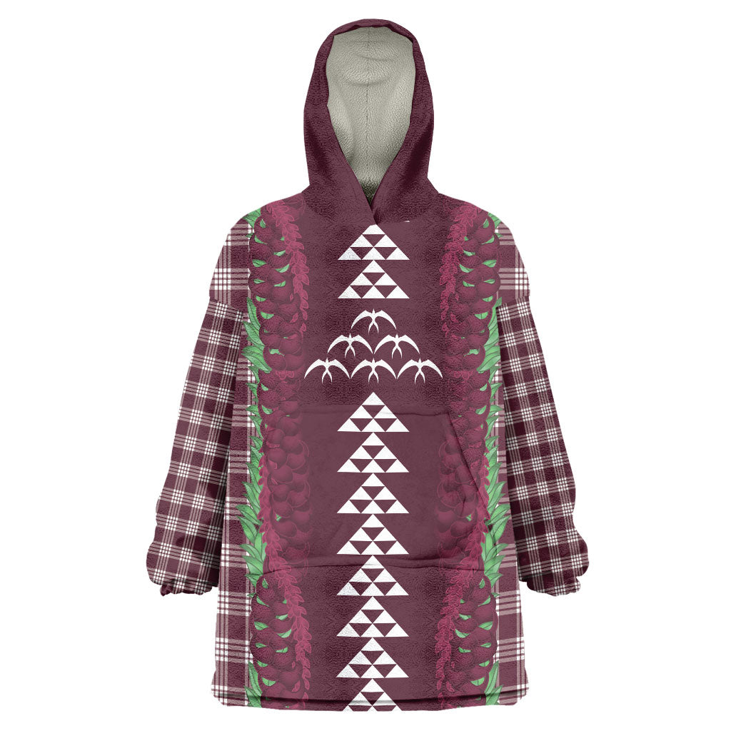 Burgundy Palaka Hawaii Iwa Bird Wearable Blanket Hoodie Hawaiian Kakau Jade Vine Lei