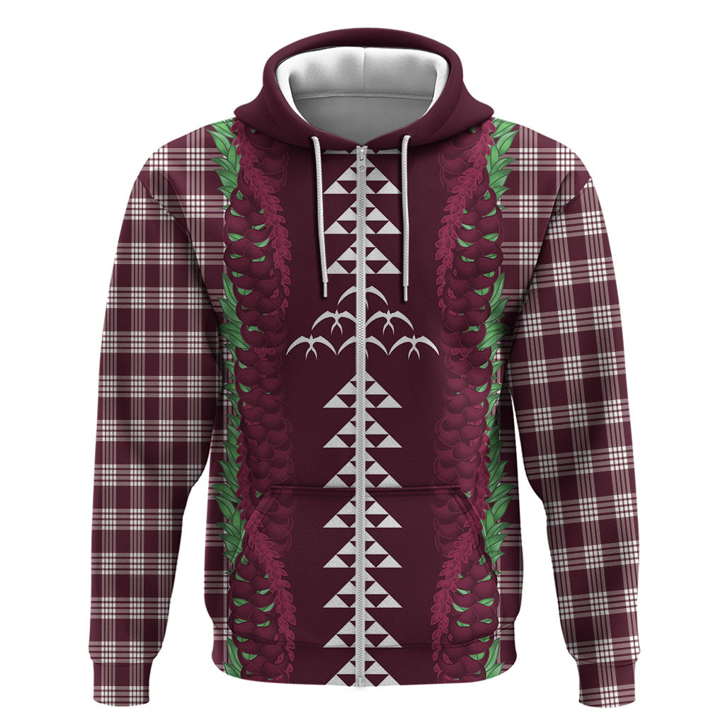 Burgundy Palaka Hawaii Iwa Bird Zip Hoodie Hawaiian Kakau Jade Vine Lei