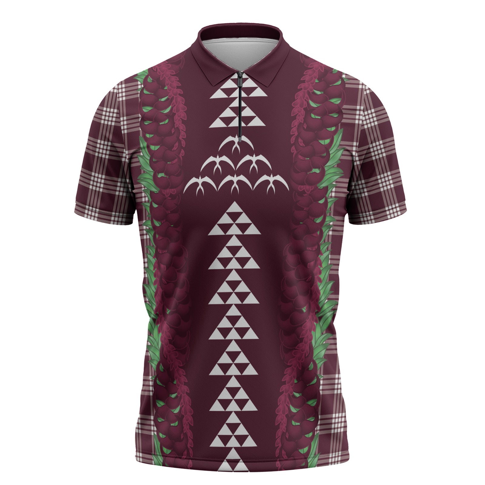 Burgundy Palaka Hawaii Iwa Bird Zipper Polo Shirt Hawaiian Kakau Jade Vine Lei