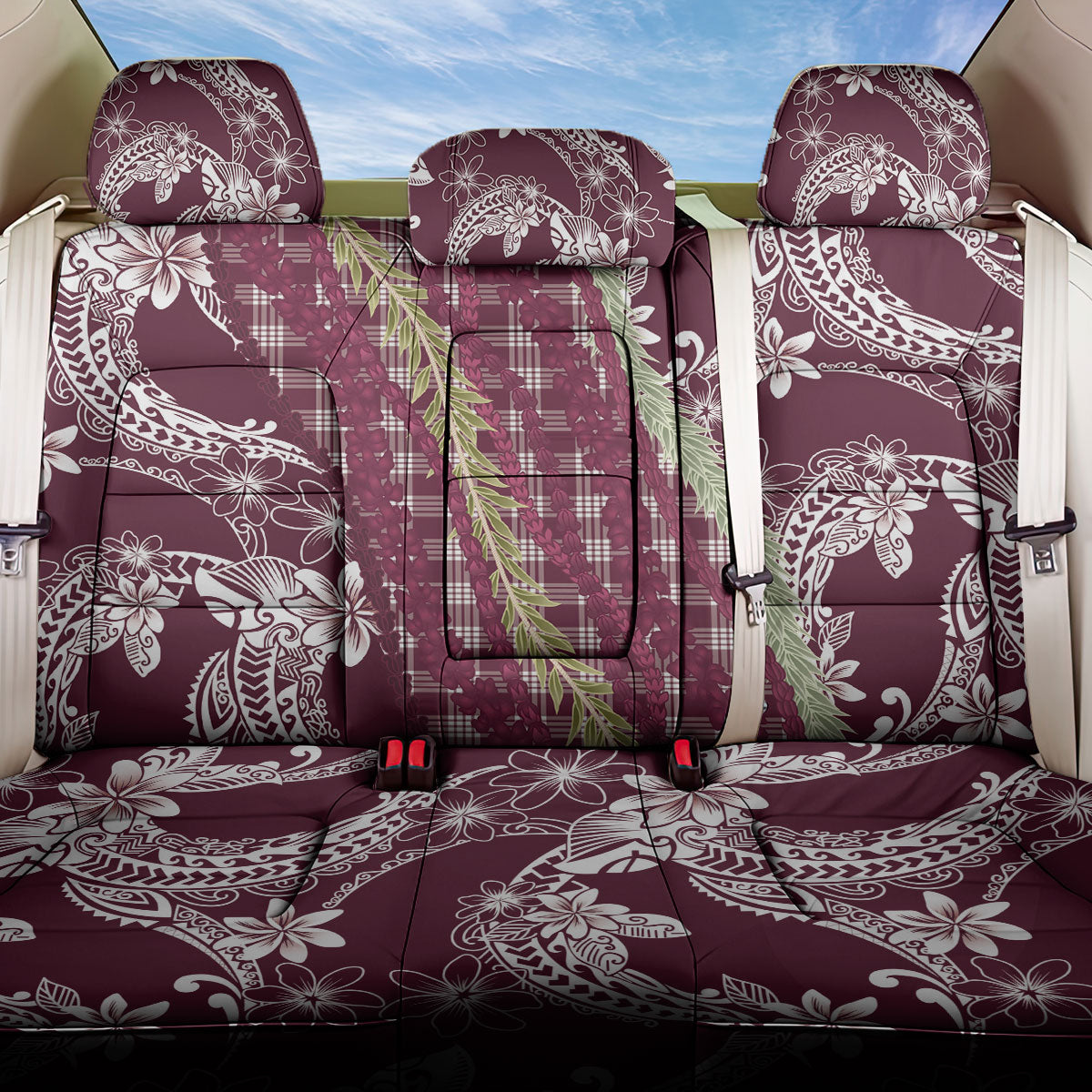 Burgundy Palaka Hawaii Leis Back Car Seat Cover Hawaiian-plaid Elegant Tropical Vibes