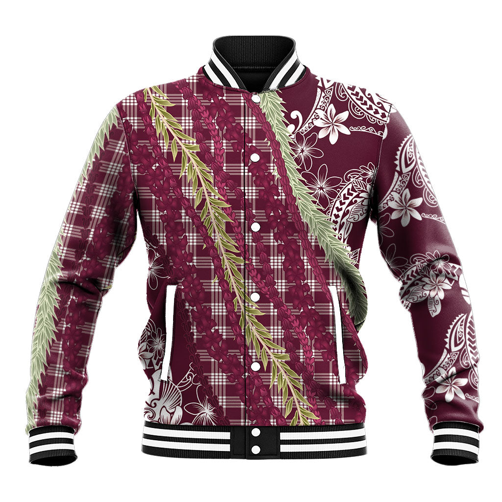 Burgundy Palaka Hawaii Leis Baseball Jacket Hawaiian-plaid Elegant Tropical Vibes