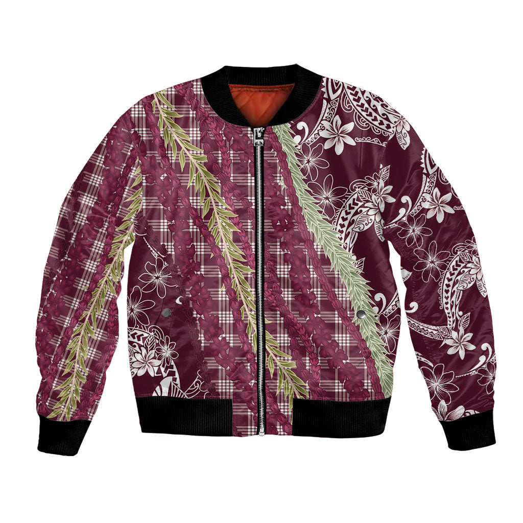 Burgundy Palaka Hawaii Leis Bomber Jacket Hawaiian-plaid Elegant Tropical Vibes
