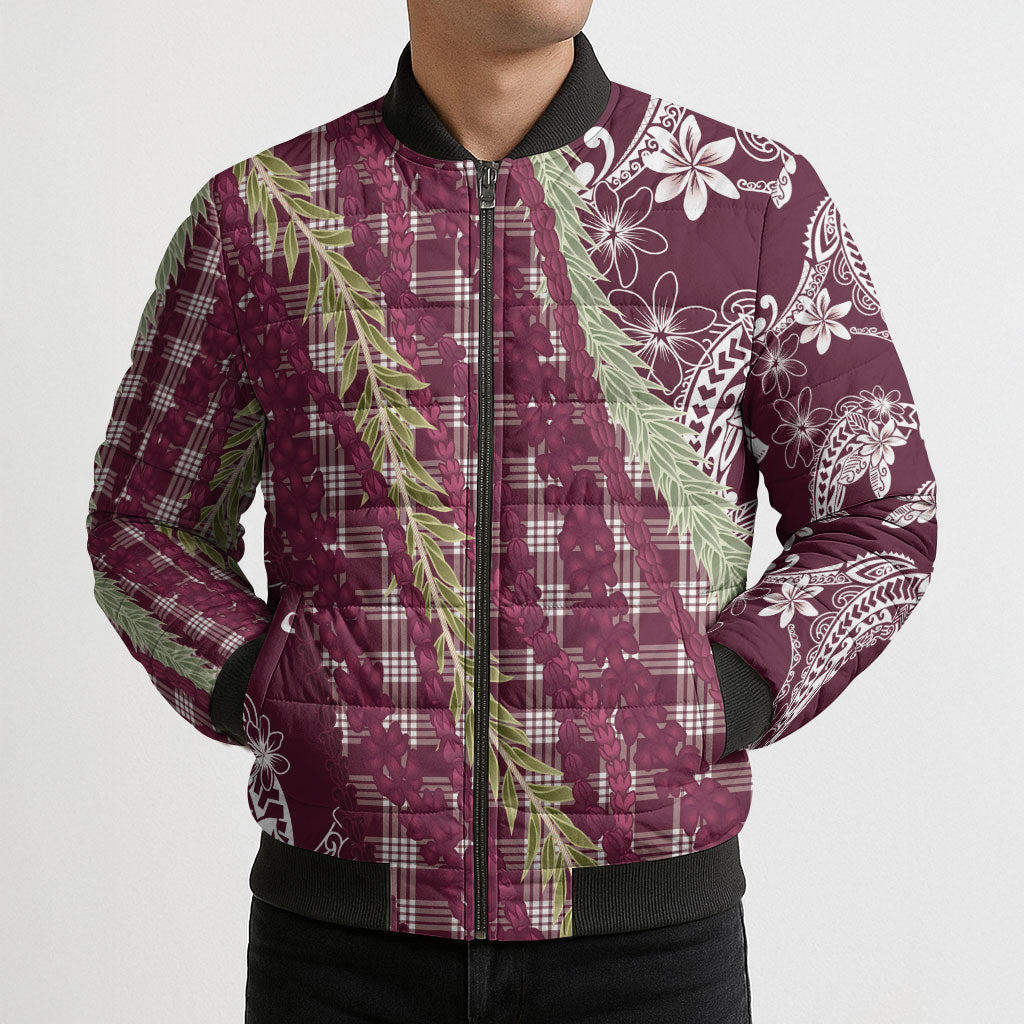 Burgundy Palaka Hawaii Leis Bomber Puffer Jacket Hawaiian-plaid Elegant Tropical Vibes LT14 - Polynesian Pride