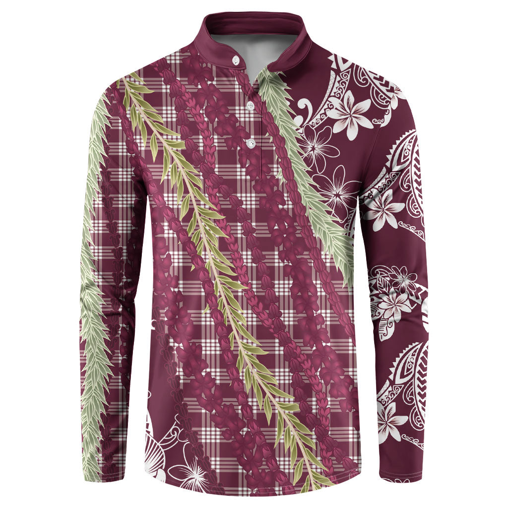 Burgundy Palaka Hawaii Leis Button Sweatshirt Hawaiian-plaid Elegant Tropical Vibes