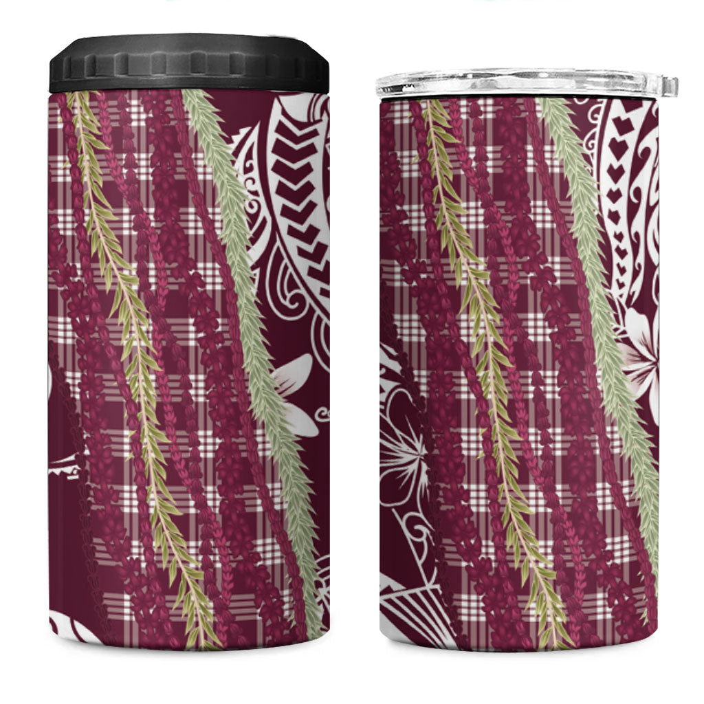 Burgundy Palaka Hawaii Leis 4 in 1 Can Cooler Tumbler Hawaiian-plaid Elegant Tropical Vibes
