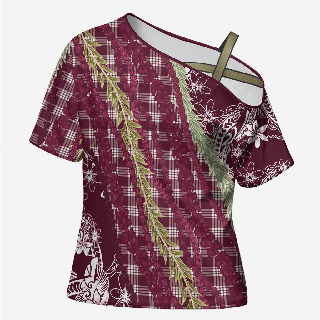 Burgundy Palaka Hawaii Leis Cross Shoulder Shirt Hawaiian-plaid Elegant Tropical Vibes LT14 Female Burgundy - Polynesian Pride