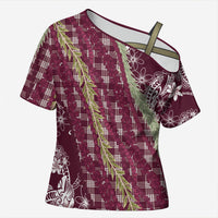 Burgundy Palaka Hawaii Leis Cross Shoulder Shirt Hawaiian-plaid Elegant Tropical Vibes LT14 Female Burgundy - Polynesian Pride