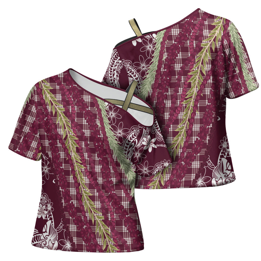 Burgundy Palaka Hawaii Leis Cross Shoulder Shirt Hawaiian-plaid Elegant Tropical Vibes LT14 - Polynesian Pride