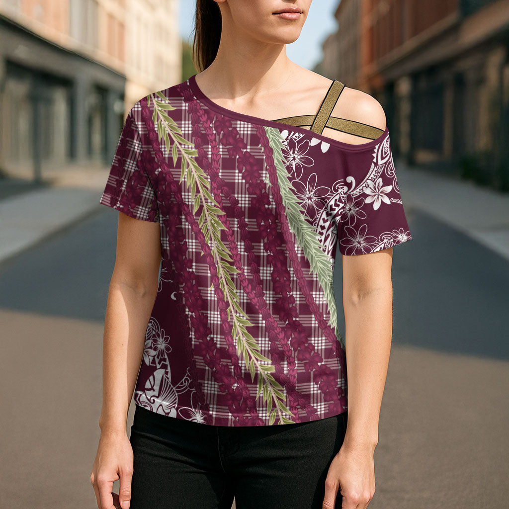 Burgundy Palaka Hawaii Leis Cross Shoulder Shirt Hawaiian-plaid Elegant Tropical Vibes LT14 - Polynesian Pride