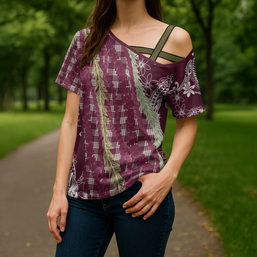 Burgundy Palaka Hawaii Leis Cross Shoulder Shirt Hawaiian-plaid Elegant Tropical Vibes LT14 - Polynesian Pride