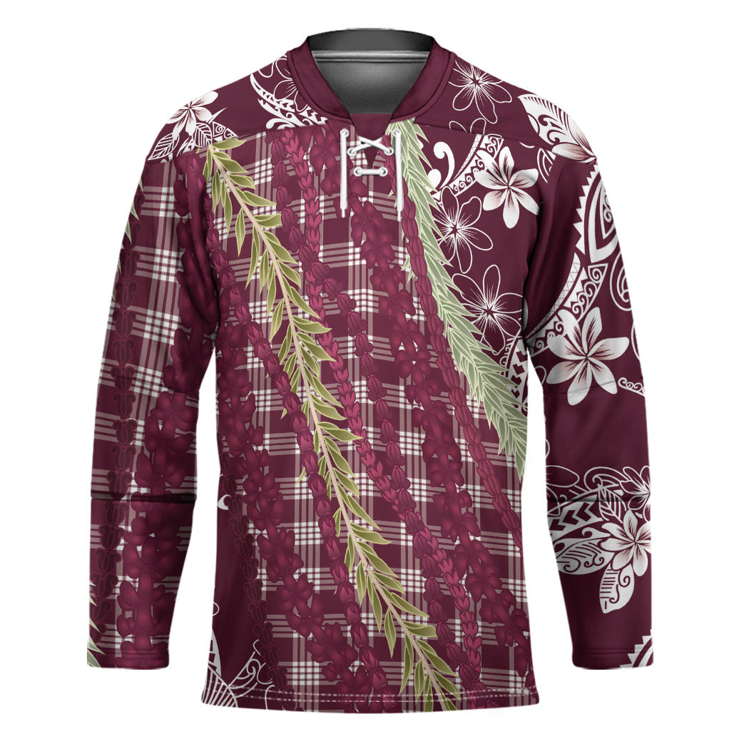 Burgundy Palaka Hawaii Leis Hockey Jersey Hawaiian-plaid Elegant Tropical Vibes