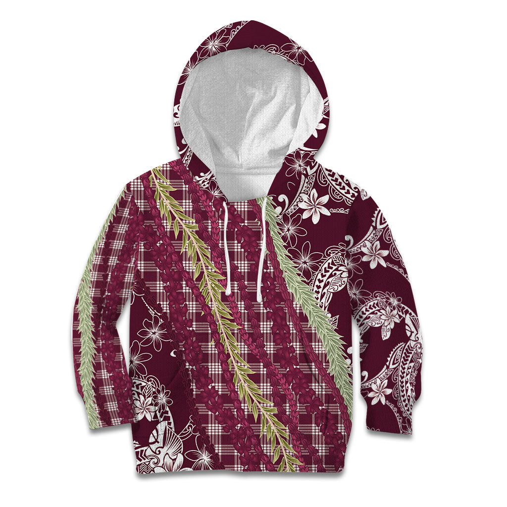 Burgundy Palaka Hawaii Leis Kid Hoodie Hawaiian-plaid Elegant Tropical Vibes