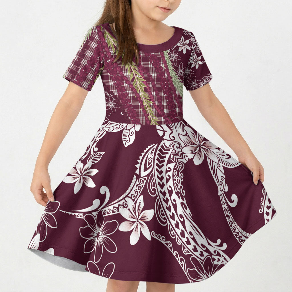 Burgundy Palaka Hawaii Leis Kid Short Sleeve Dress Hawaiian-plaid Elegant Tropical Vibes