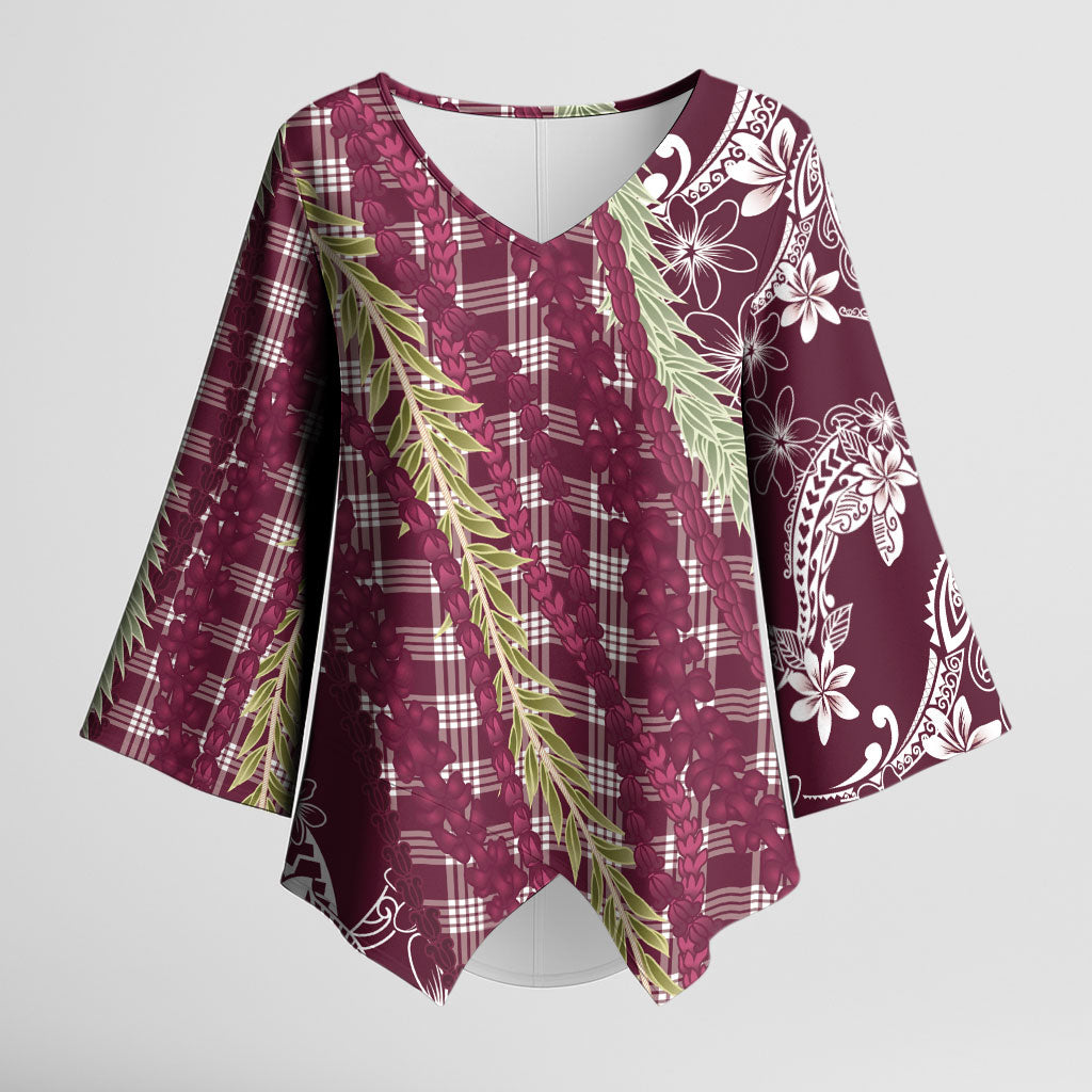 Burgundy Palaka Hawaii Leis Kimono Sleeve Blouse Hawaiian-plaid Elegant Tropical Vibes