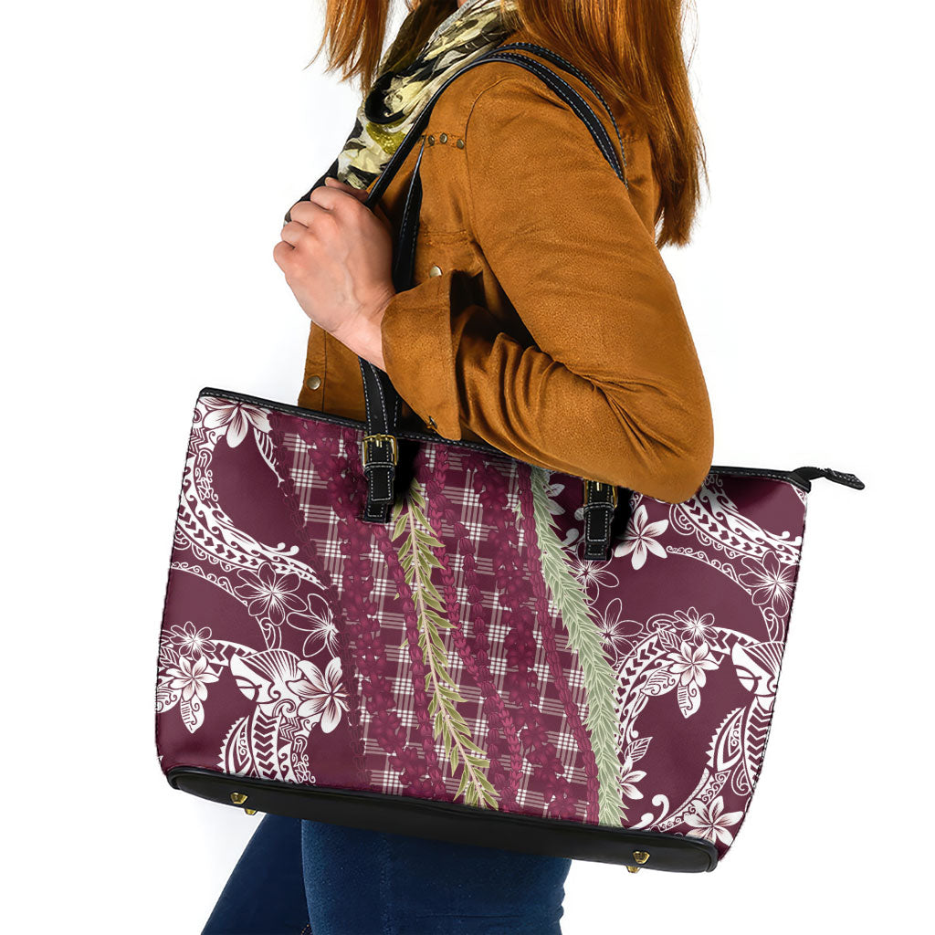 Burgundy Palaka Hawaii Leis Leather Tote Bag Hawaiian-plaid Elegant Tropical Vibes