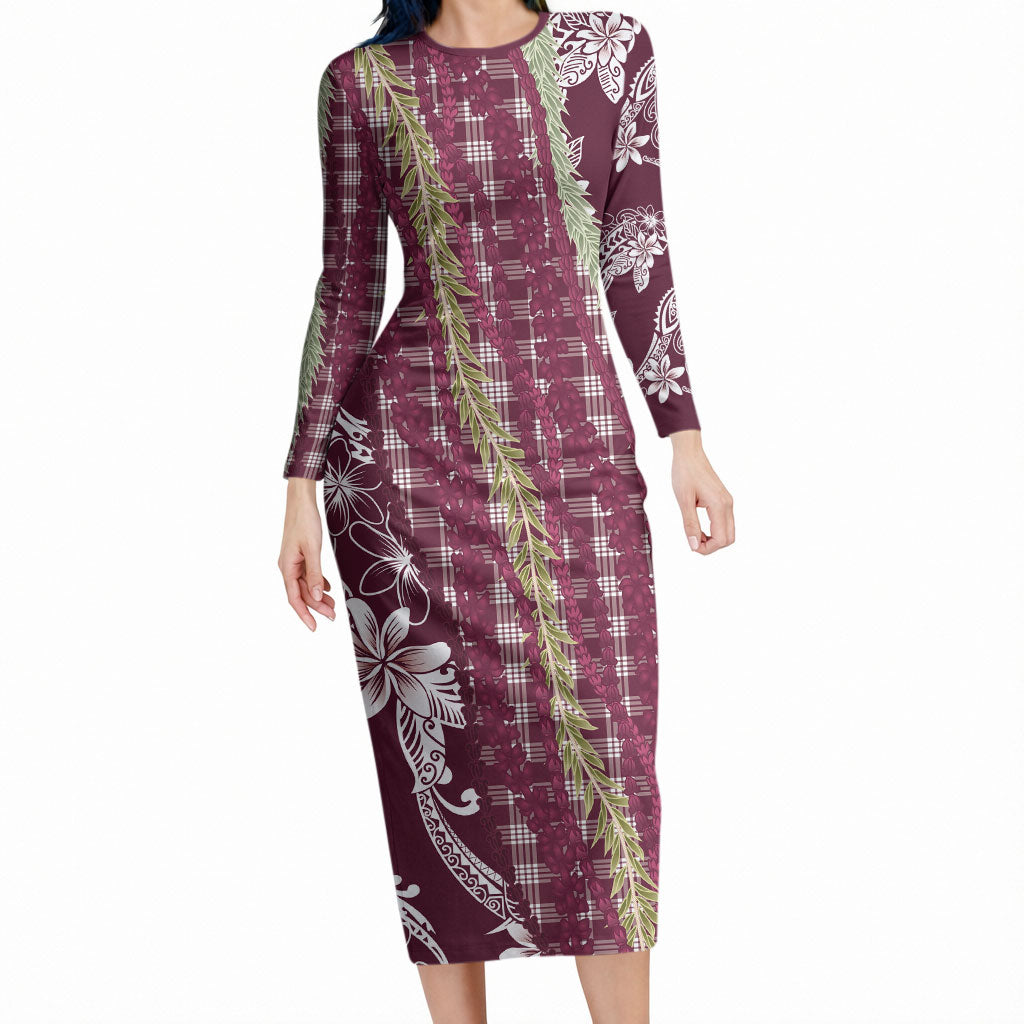 Burgundy Palaka Hawaii Leis Long Sleeve Bodycon Dress Hawaiian-plaid Elegant Tropical Vibes