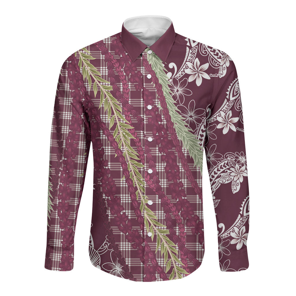 Burgundy Palaka Hawaii Leis Long Sleeve Button Shirt Hawaiian-plaid Elegant Tropical Vibes