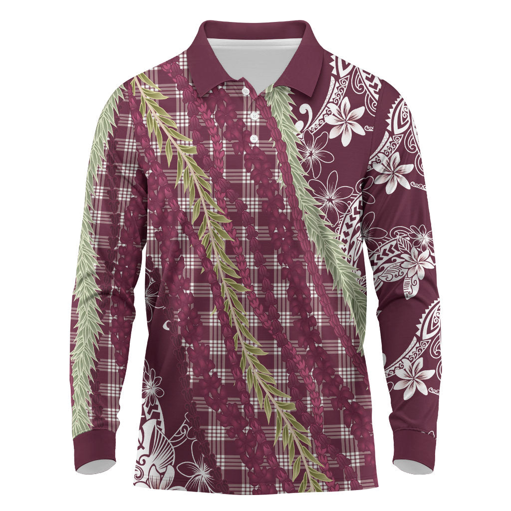 Burgundy Palaka Hawaii Leis Long Sleeve Polo Shirt Hawaiian-plaid Elegant Tropical Vibes