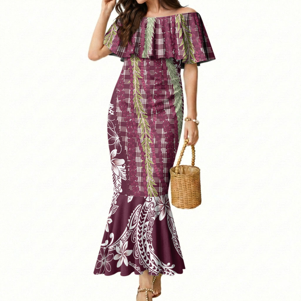Burgundy Palaka Hawaii Leis Mermaid Dress Hawaiian-plaid Elegant Tropical Vibes