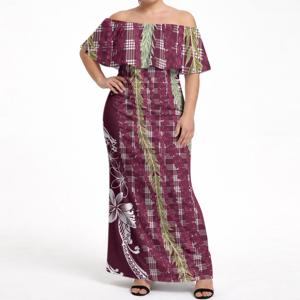 Burgundy Palaka Hawaii Leis Off Shoulder Maxi Dress Hawaiian-plaid Elegant Tropical Vibes
