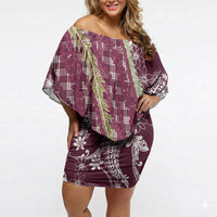 Burgundy Palaka Hawaii Leis Off Shoulder Short Dress Hawaiian-plaid Elegant Tropical Vibes LT14 Women Burgundy - Polynesian Pride