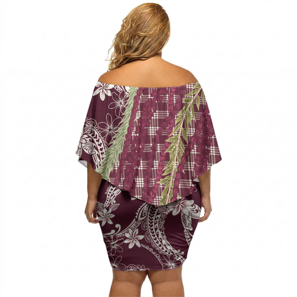 Burgundy Palaka Hawaii Leis Off Shoulder Short Dress Hawaiian-plaid Elegant Tropical Vibes LT14 - Polynesian Pride