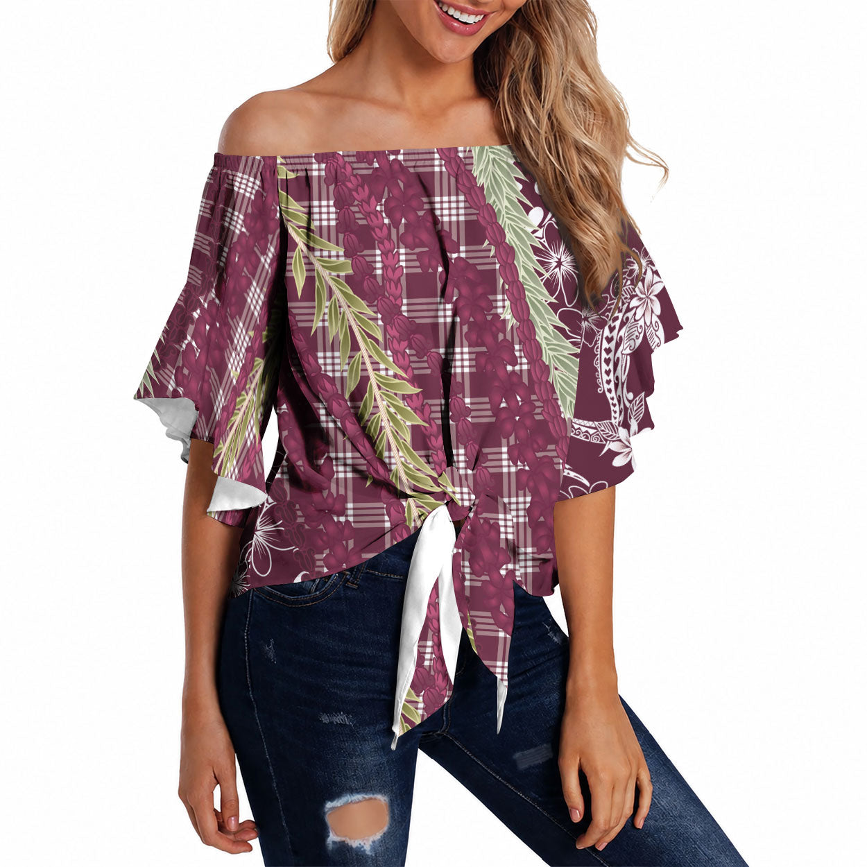 Burgundy Palaka Hawaii Leis Off Shoulder Wrap Waist Top Hawaiian-plaid Elegant Tropical Vibes