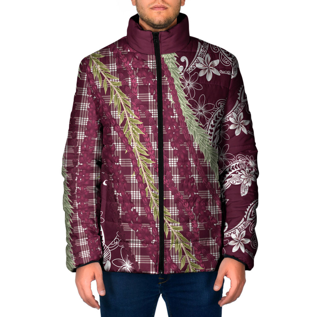 Burgundy Palaka Hawaii Leis Padded Jacket Hawaiian-plaid Elegant Tropical Vibes