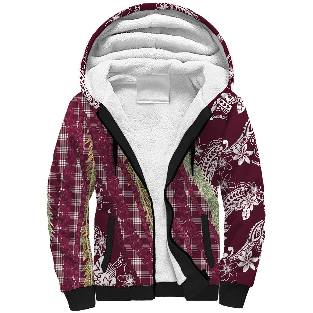 Burgundy Palaka Hawaii Leis Sherpa Hoodie Hawaiian-plaid Elegant Tropical Vibes