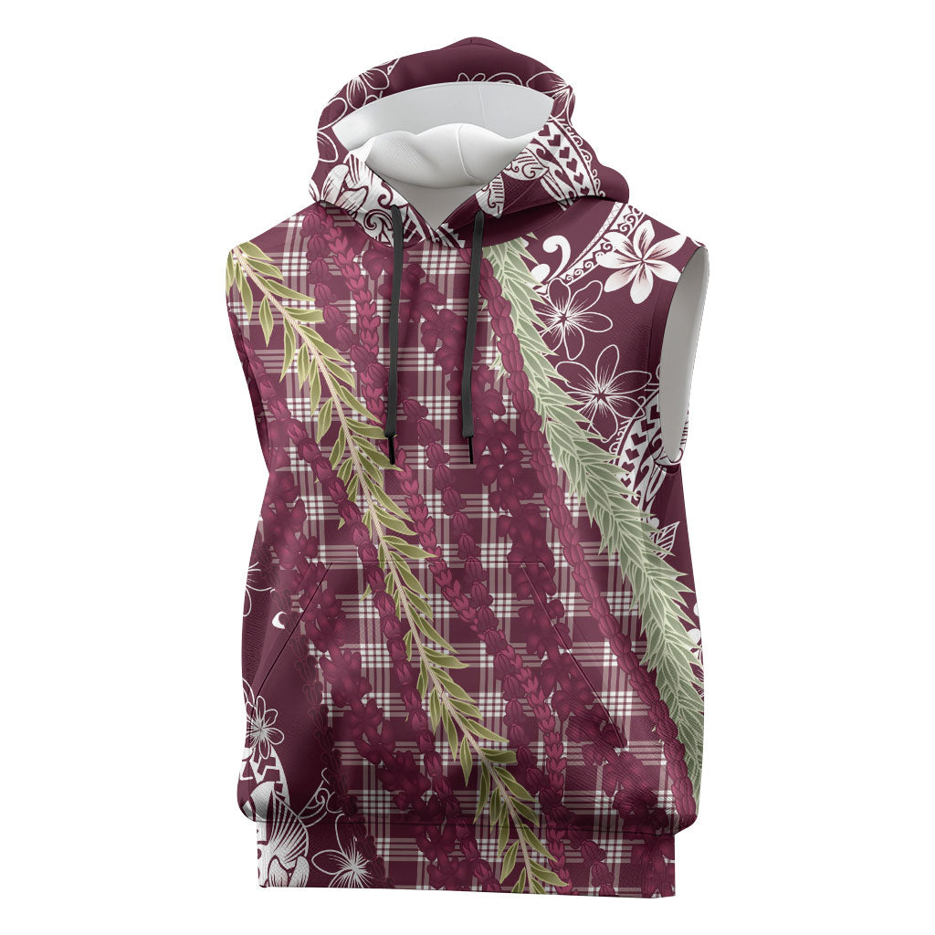 Burgundy Palaka Hawaii Leis Sleeveless Hoodie Hawaiian-plaid Elegant Tropical Vibes