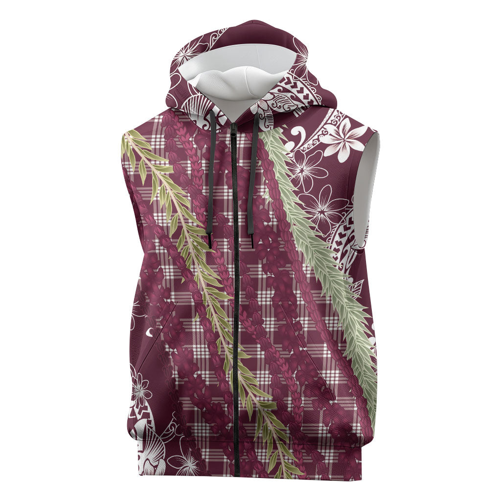 Burgundy Palaka Hawaii Leis Sleeveless Zip Hoodie Hawaiian-plaid Elegant Tropical Vibes
