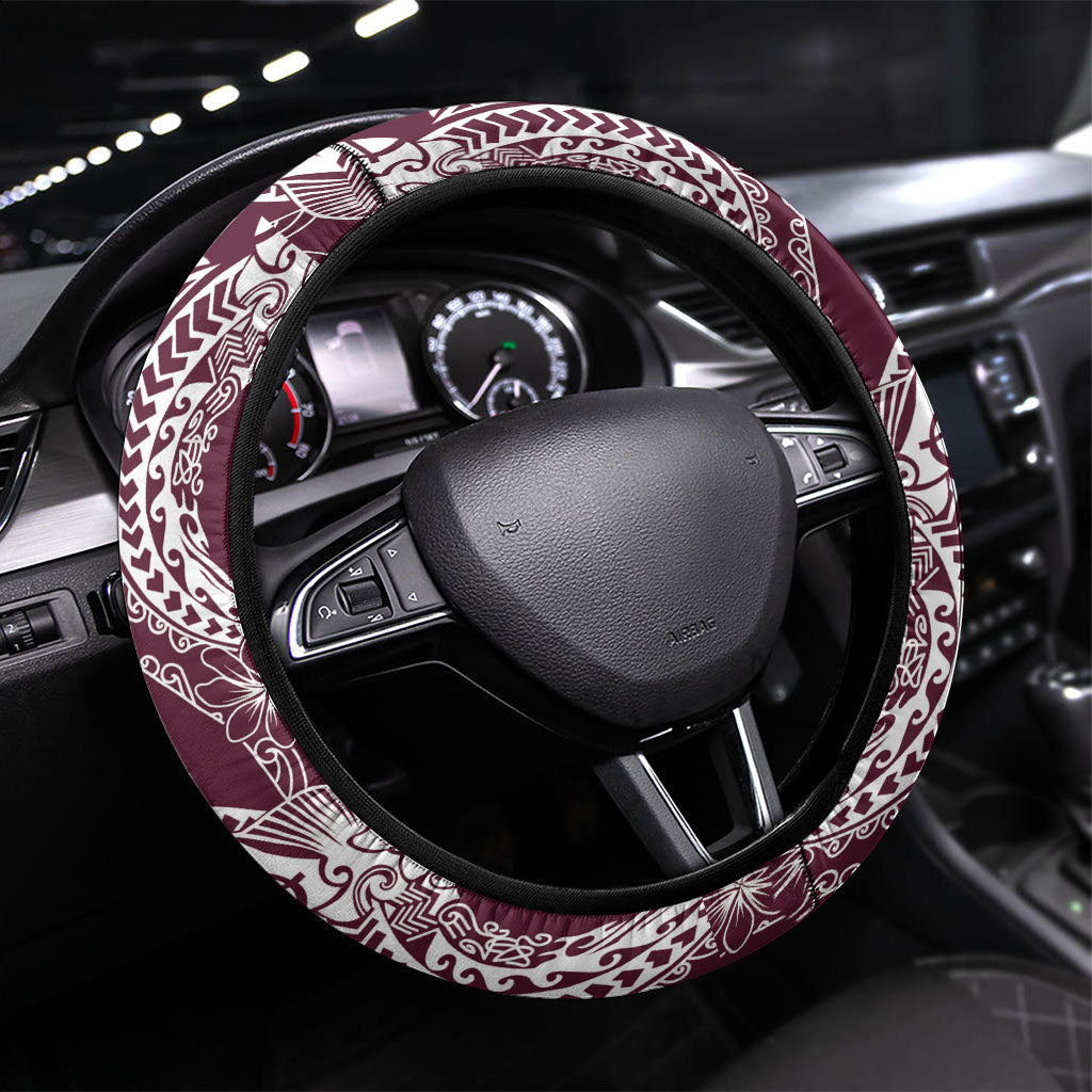 Burgundy Palaka Hawaii Leis Steering Wheel Cover Hawaiian-plaid Elegant Tropical Vibes