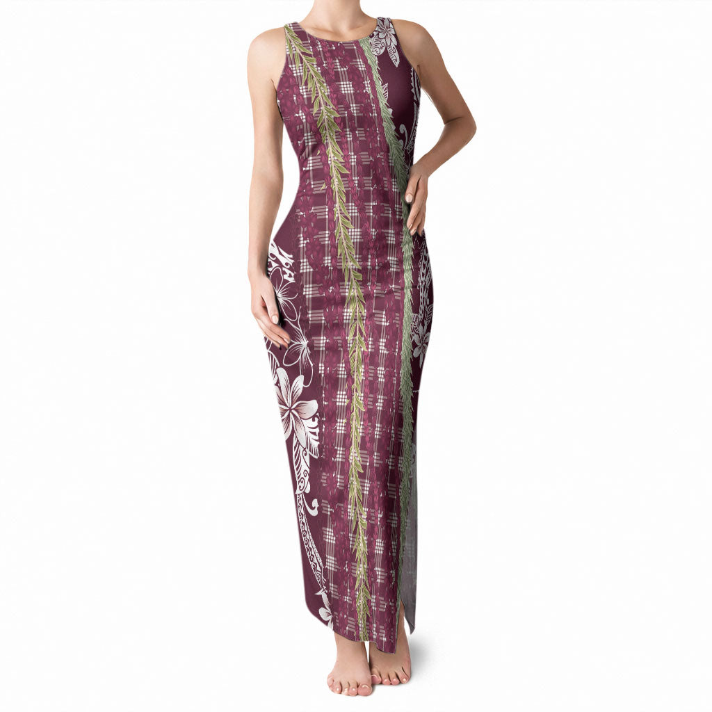Burgundy Palaka Hawaii Leis Tank Maxi Dress Hawaiian-plaid Elegant Tropical Vibes
