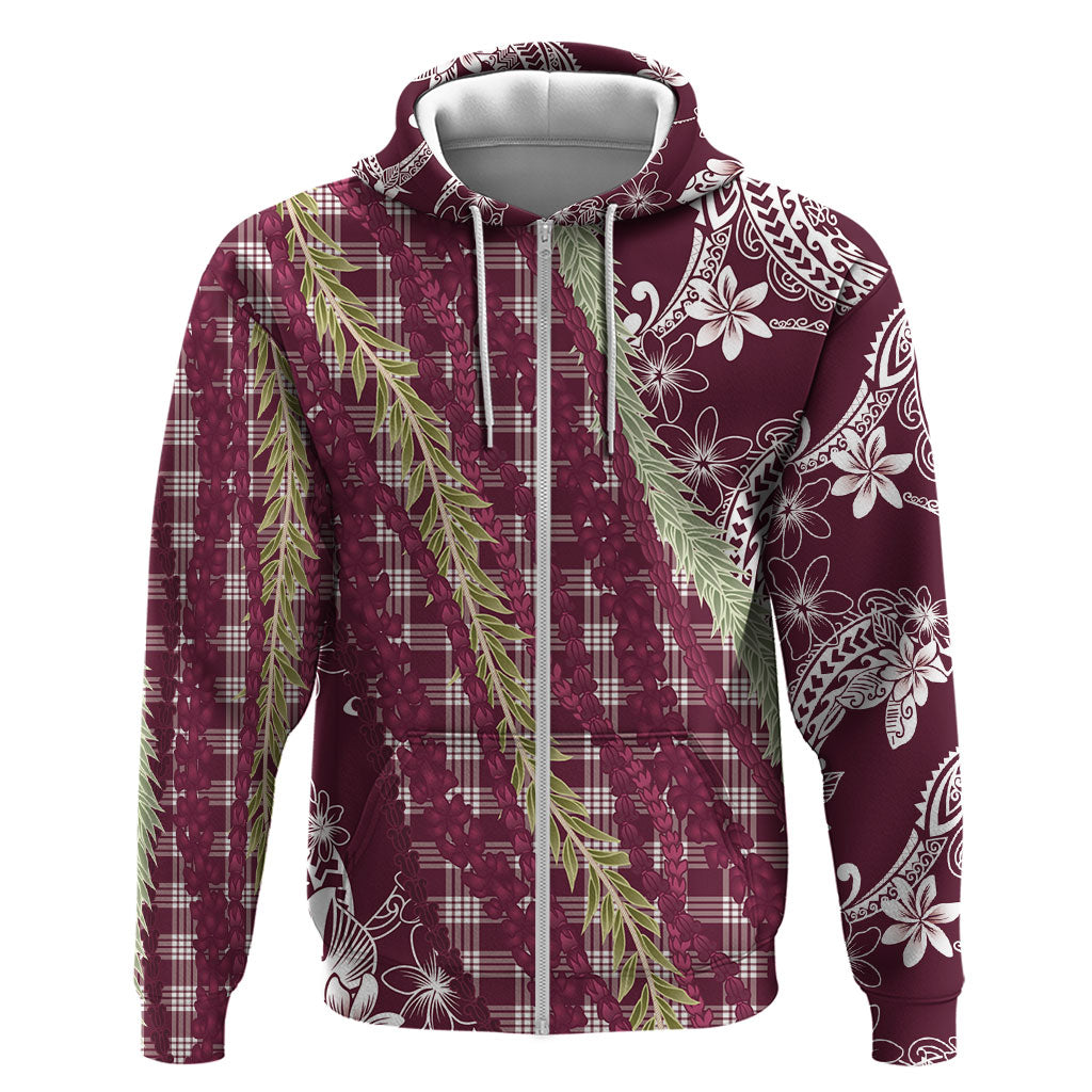 Burgundy Palaka Hawaii Leis Zip Hoodie Hawaiian-plaid Elegant Tropical Vibes