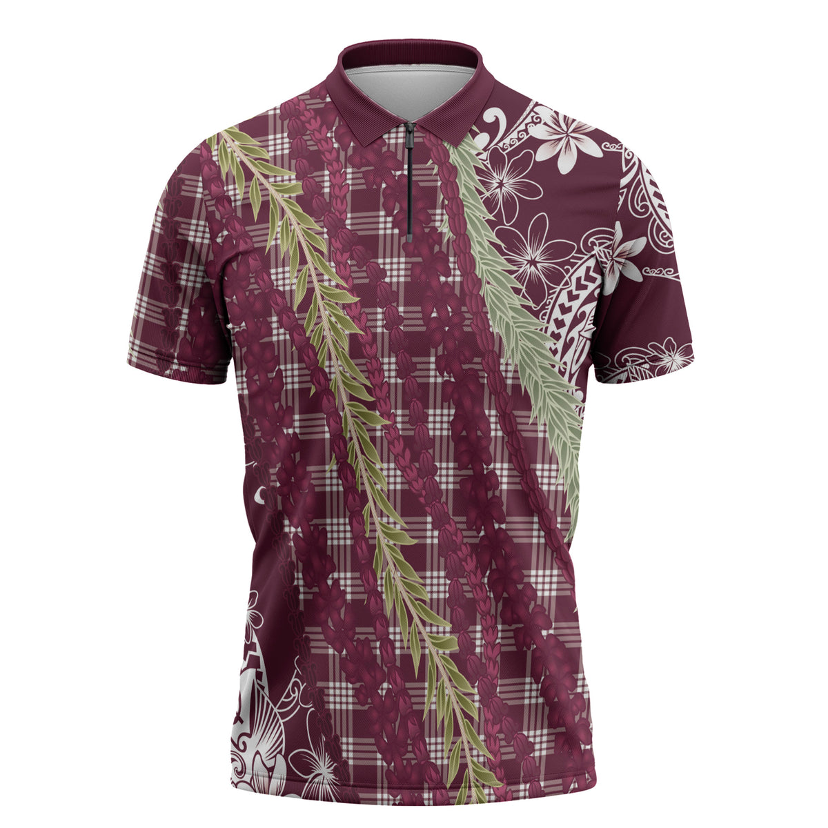 Burgundy Palaka Hawaii Leis Zipper Polo Shirt Hawaiian-plaid Elegant Tropical Vibes LT14 Burgundy - Polynesian Pride