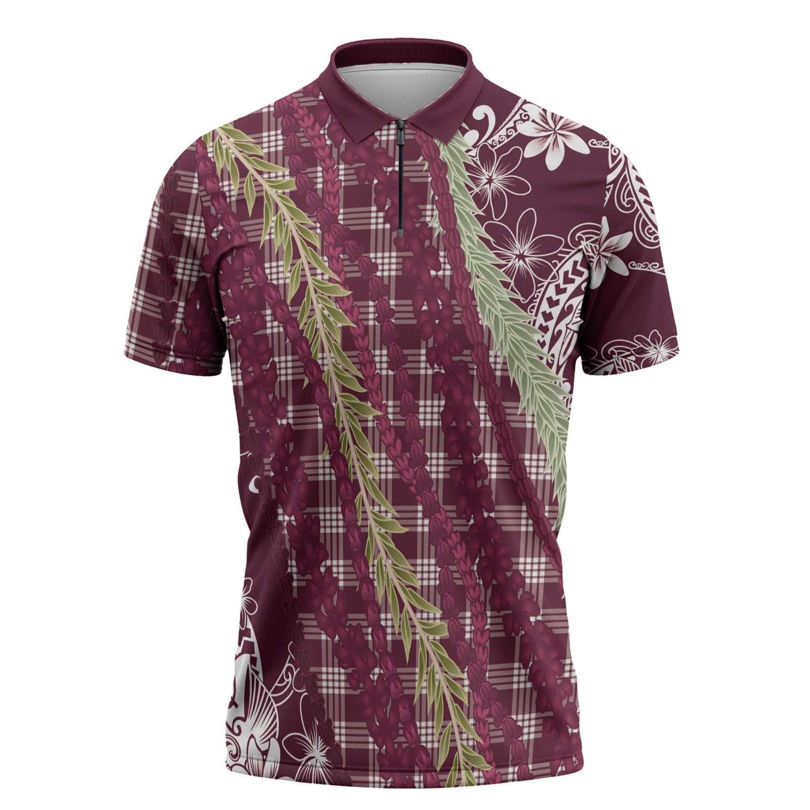 Burgundy Palaka Hawaii Leis Zipper Polo Shirt Hawaiian-plaid Elegant Tropical Vibes