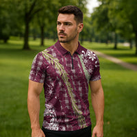 Burgundy Palaka Hawaii Leis Zipper Polo Shirt Hawaiian-plaid Elegant Tropical Vibes LT14 - Polynesian Pride