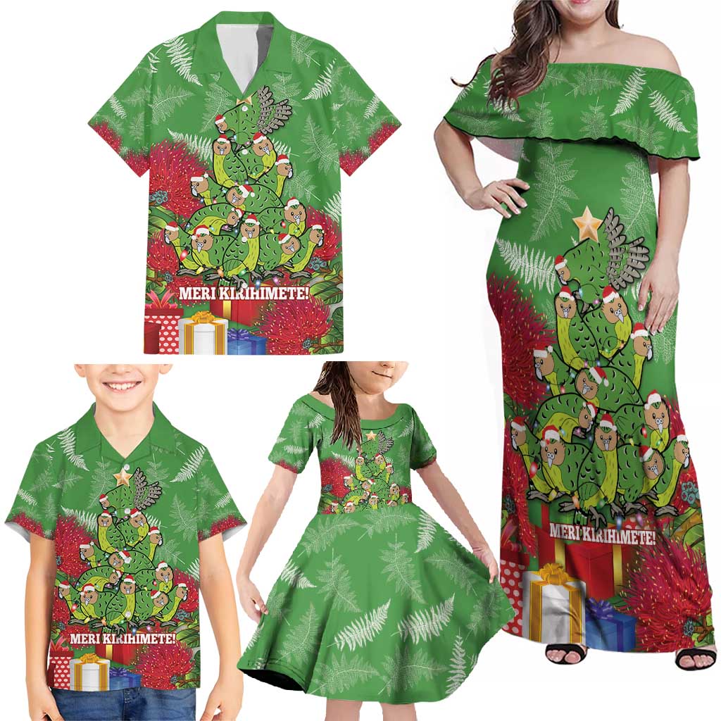 Kakapo New Zealand Christmas Family Matching Off Shoulder Maxi Dress and Hawaiian Shirt Meri Kirihimete Pohutukawa - Green Color