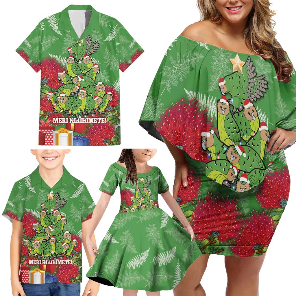 Kakapo New Zealand Christmas Family Matching Off Shoulder Short Dress and Hawaiian Shirt Meri Kirihimete Pohutukawa - Green Color