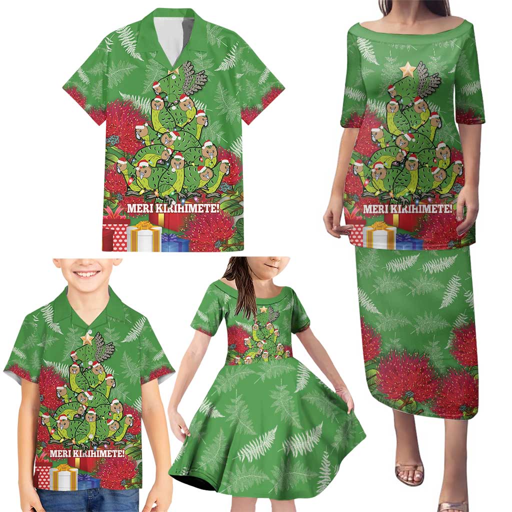 Kakapo New Zealand Christmas Family Matching Puletasi and Hawaiian Shirt Meri Kirihimete Pohutukawa - Green Color