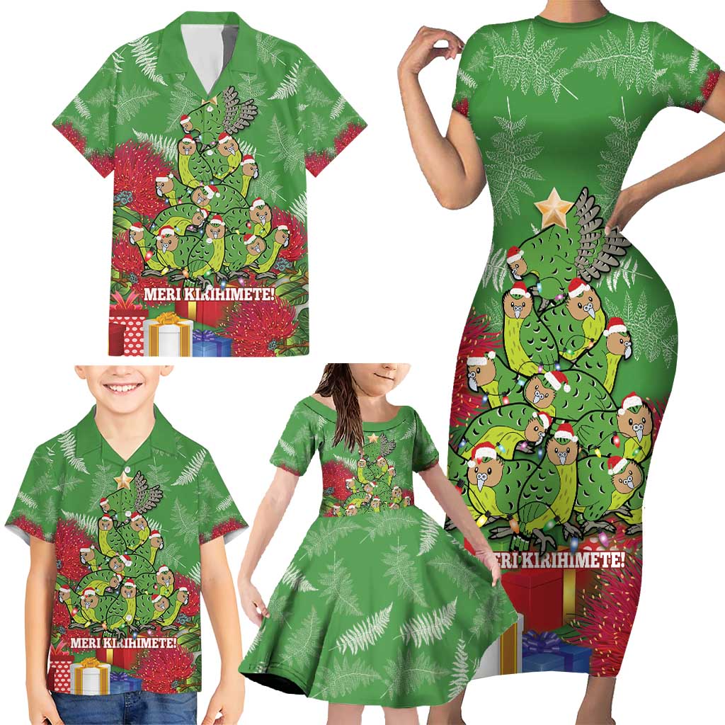 Kakapo New Zealand Christmas Family Matching Short Sleeve Bodycon Dress and Hawaiian Shirt Meri Kirihimete Pohutukawa - Green Color