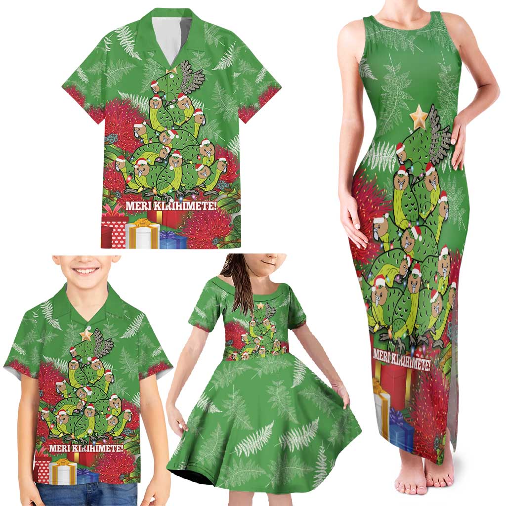 Kakapo New Zealand Christmas Family Matching Tank Maxi Dress and Hawaiian Shirt Meri Kirihimete Pohutukawa - Green Color