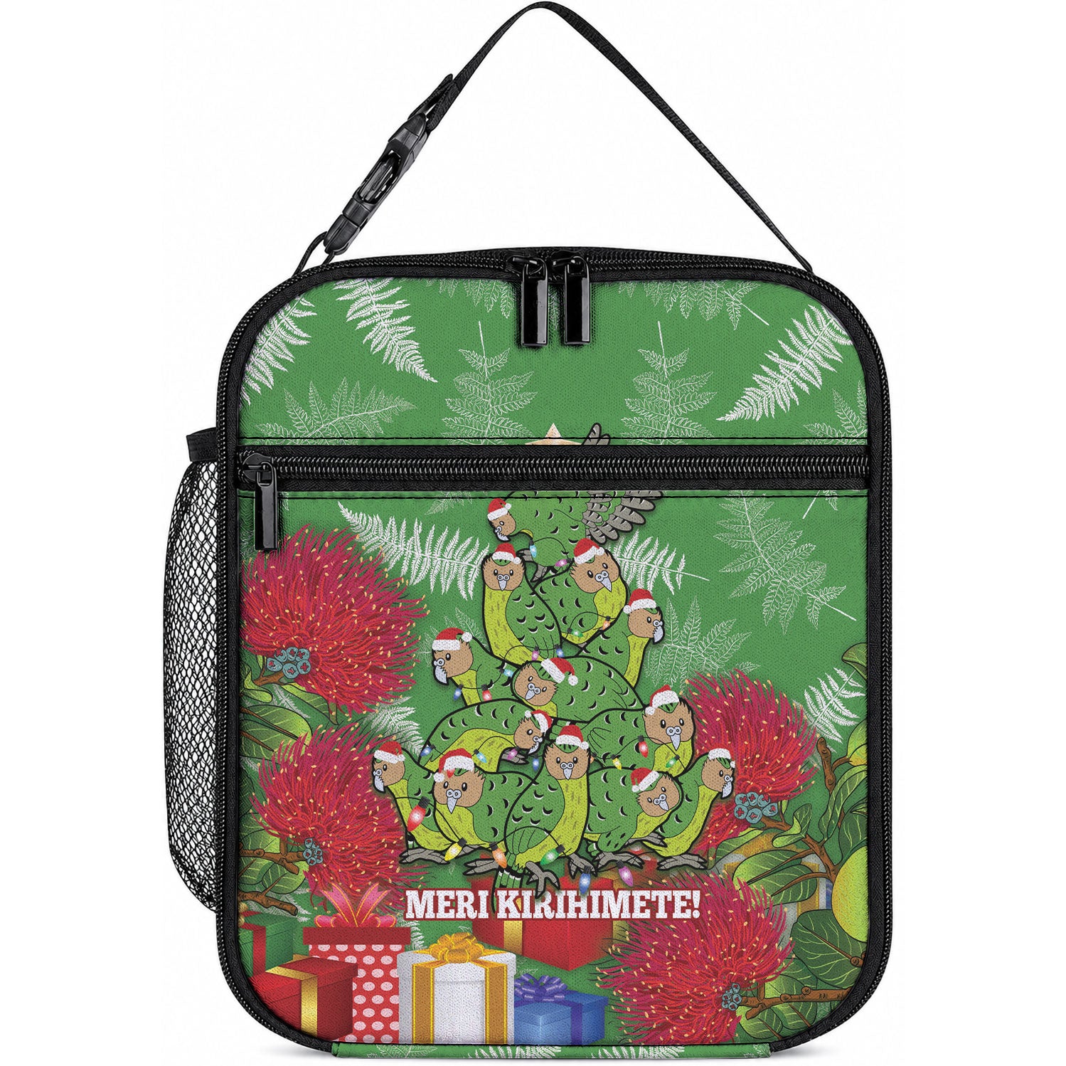 Kakapo New Zealand Christmas Lunch Bag Meri Kirihimete Pohutukawa - Green Color LT14 10.2 × 8.3 × 4.3 inch Green - Polynesian Pride