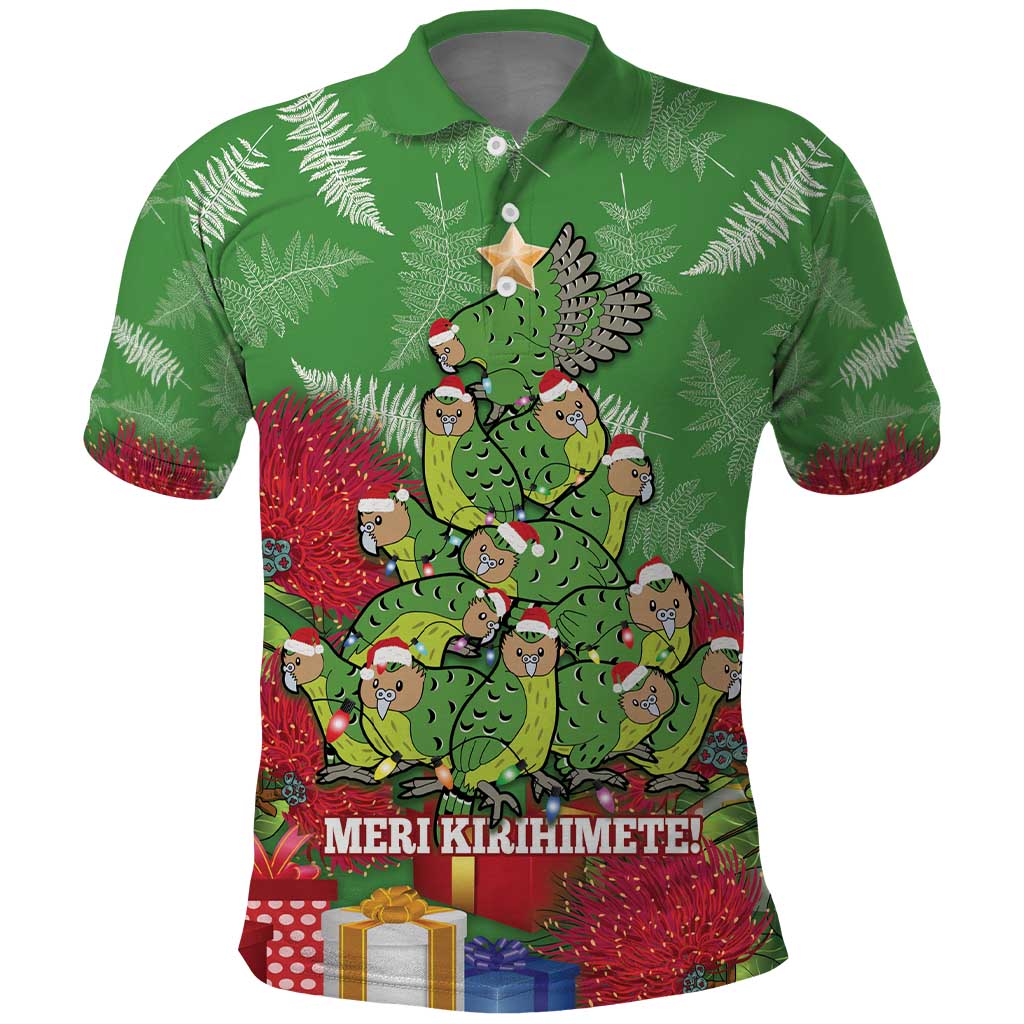 Kakapo New Zealand Christmas Polo Shirt Meri Kirihimete Pohutukawa - Green Color LT14 Green - Polynesian Pride