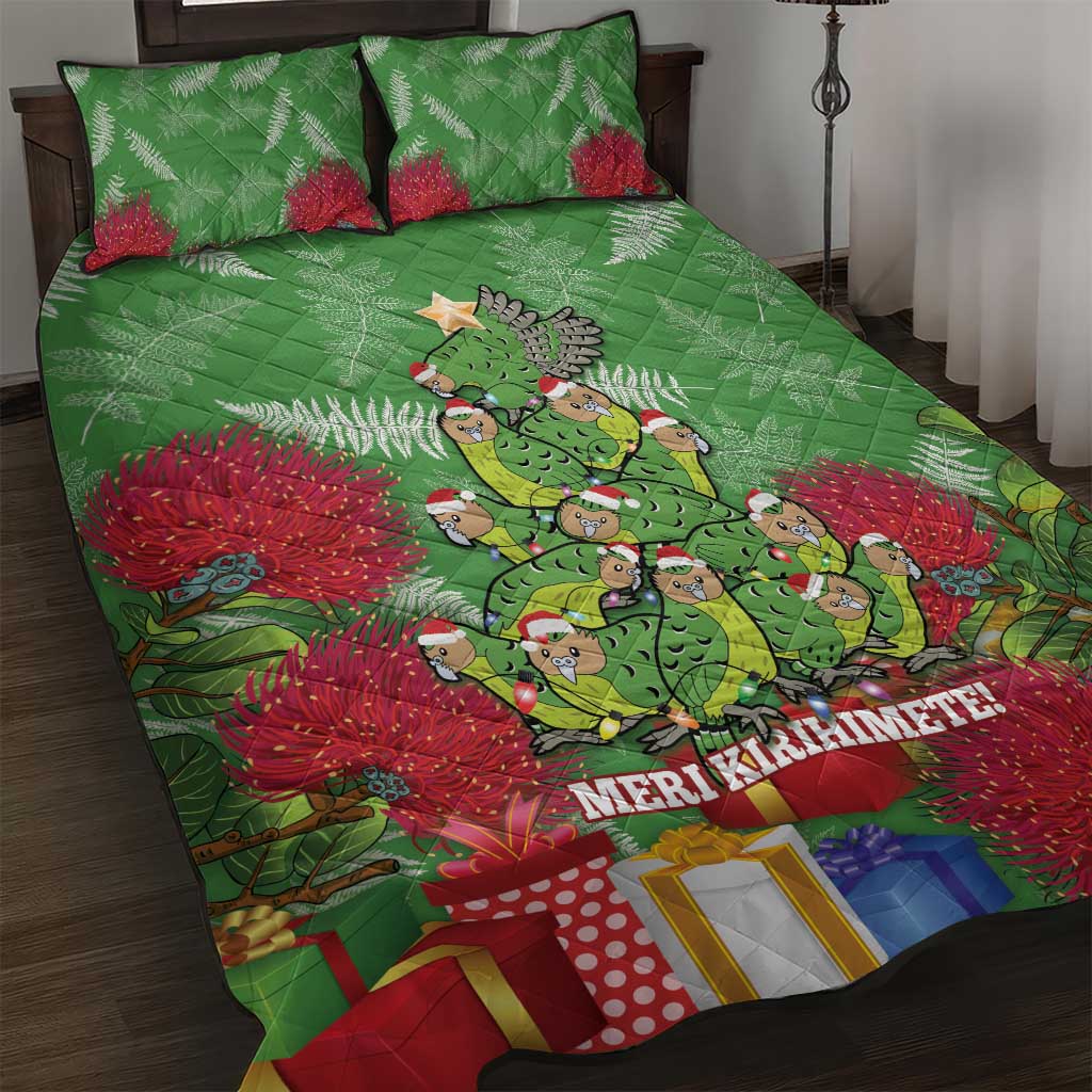 Kakapo New Zealand Christmas Quilt Bed Set Meri Kirihimete Pohutukawa - Green Color